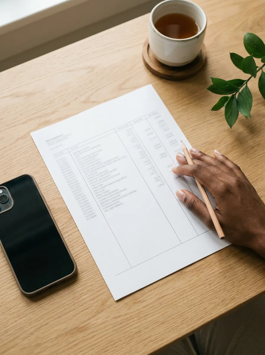 A printed bank statement on a wooden table, a hand holding a pencil beside a cup of tea and a phone, in morning light